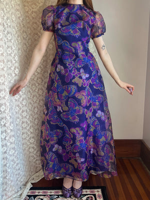 1970s Purple Butterfly Print Puff Sleeve Dress Gown Shimmer