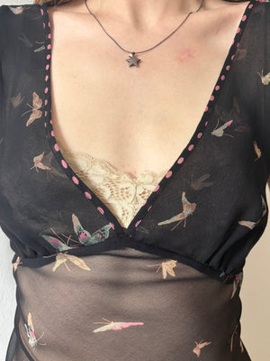 1990s Betsey Johnson Black Silk Chiffon Butterfly Print Blouse