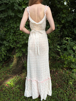 1930s White Cotton Floral Bias Cut Slip Dress Peignoir Set Puff Sleeves Pink Ribbon Rose Floral
