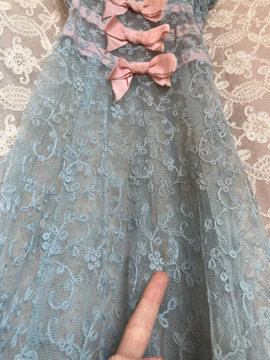 1930s Blue Tambour Lace Embroidered Net Gown Bow Dress Pink