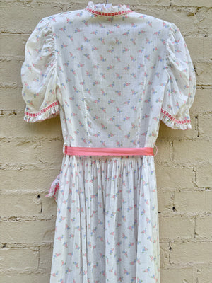 1930s White Cotton Floral Bias Cut Slip Dress Peignoir Set Puff Sleeves Pink Ribbon Rose Floral
