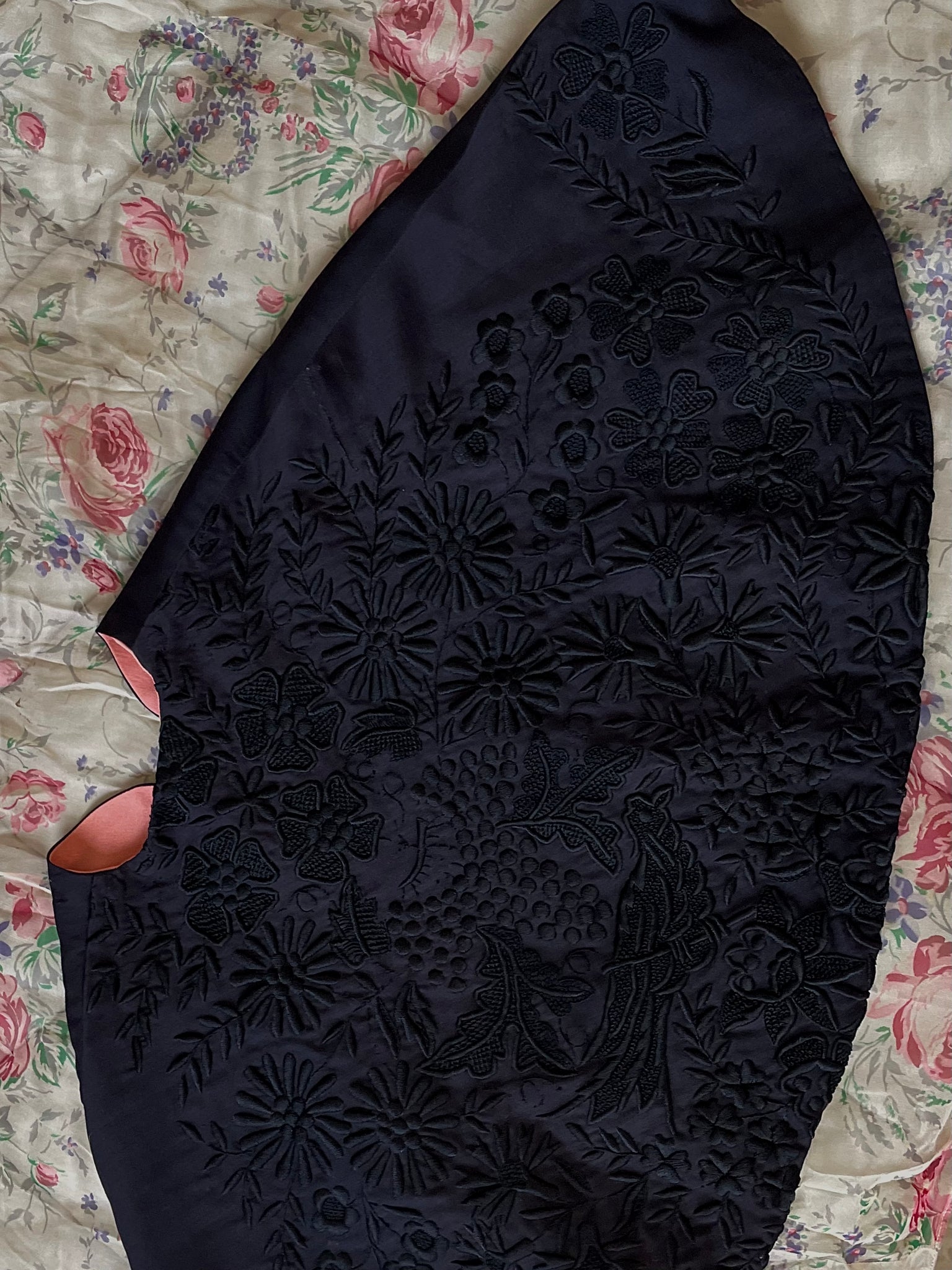 1930s Embroidered Black Pink Rayon Crepe Reversible Cape