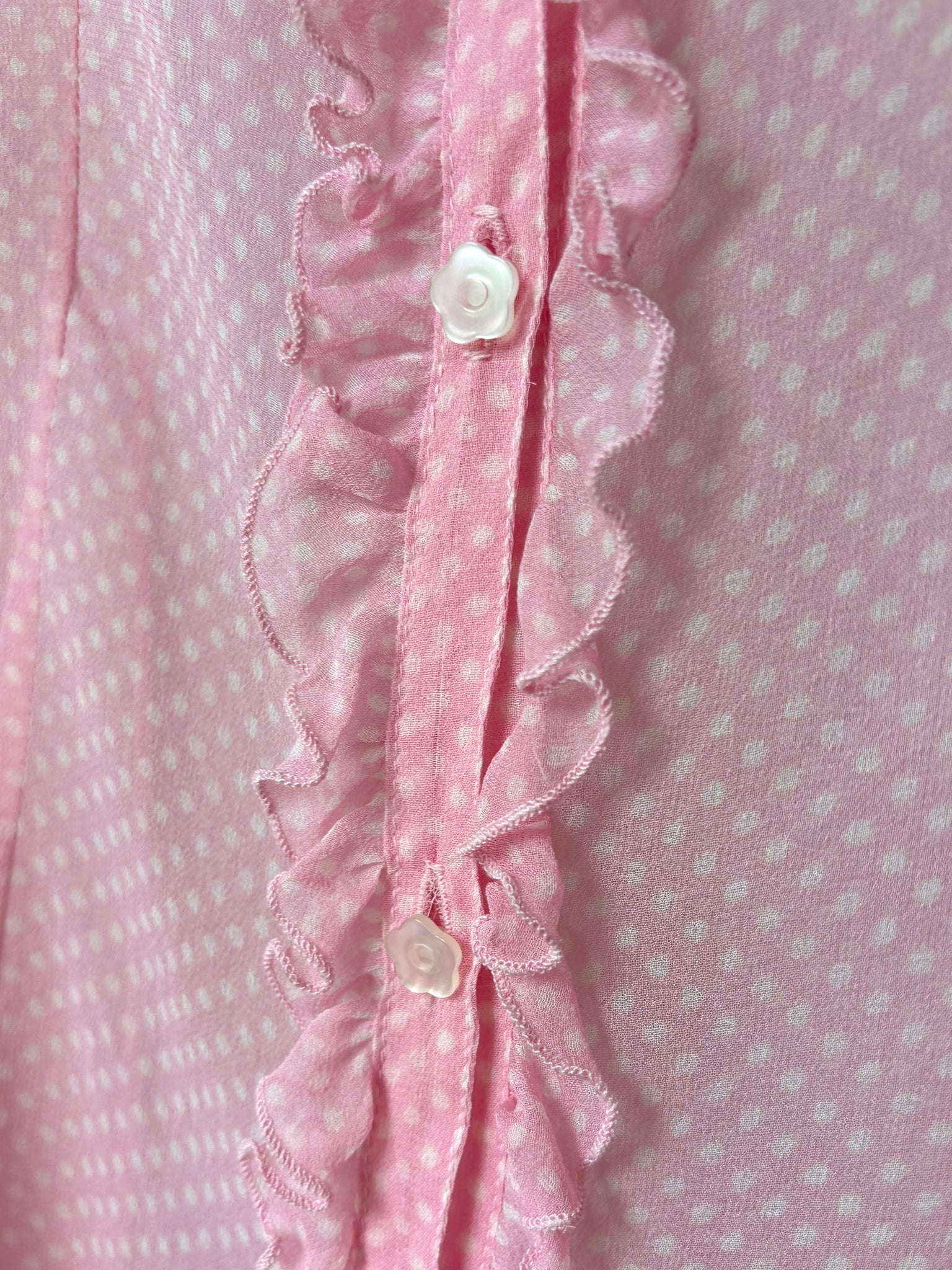 1990s Silk Chiffon Dot Print Button Up Blouse Pink White