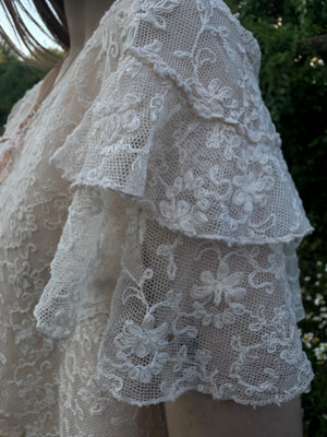1930s Tambour Lace Bolero Leaf Embroidery Cream Peach Trim Ruffle Sleeve Tie Front Bed Jacket