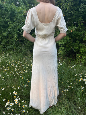 1940s Silk Brocade White Bias Cut Slip Dress Net Mesh Appliqué Lace Wedding Gown Open Sleeves