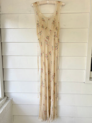 1930s Silk Chiffon Floral Print Cream Lace Bias Cut Slip Dress