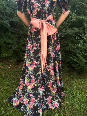 1940s Black Rose Floral Wrap Dress Printed Rayon Puff Sleeve