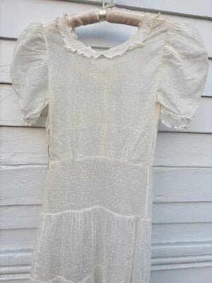 1940s Silk Orgnaza Floral Printed Ruffle Sheer Puff Sleeve Dress Wedding Gown