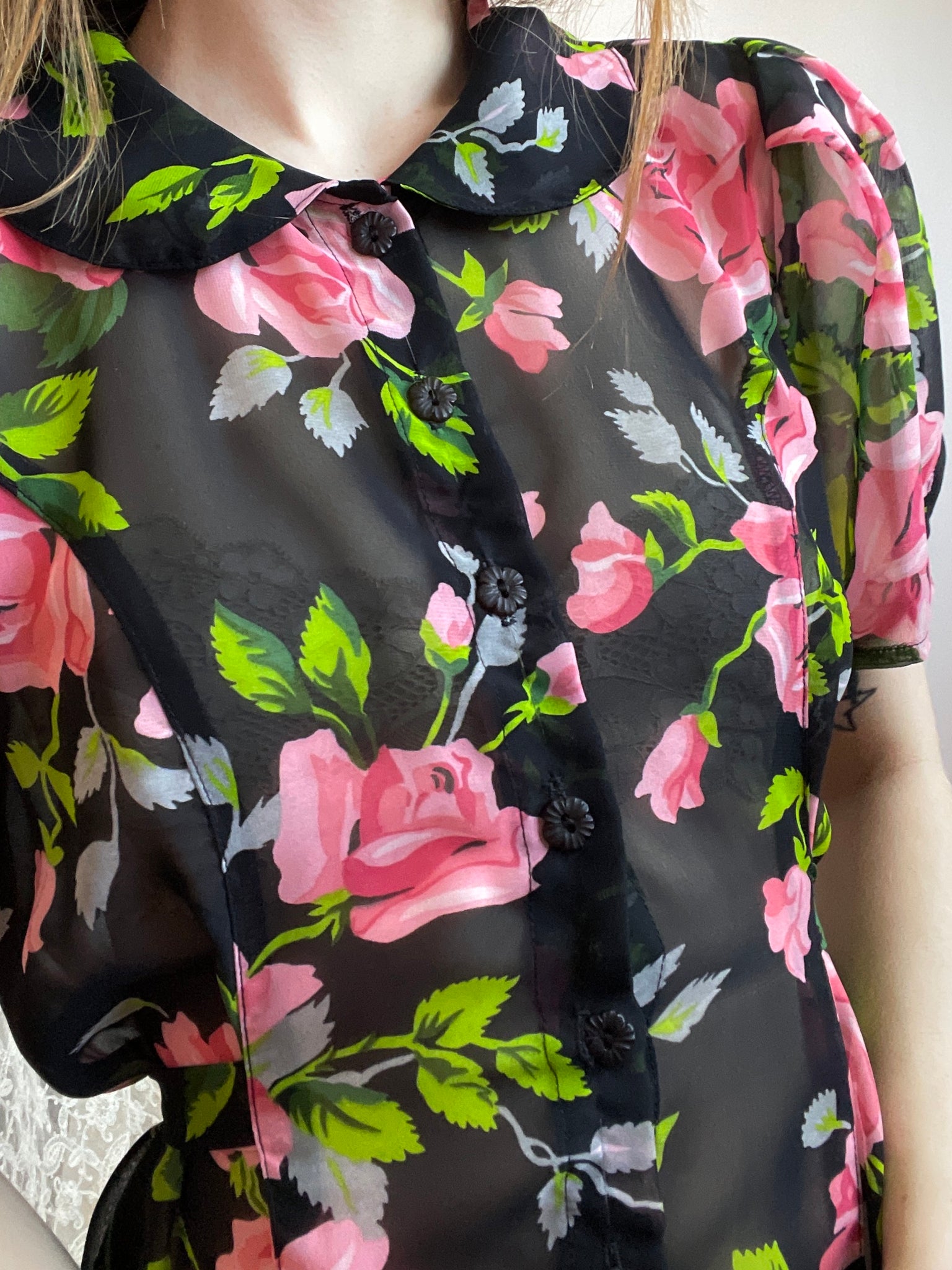 1990s Rose Print Black Pink Sheer Betsey Johnson Mini Dress Puff Sleev Breath Of the Earth 1990s Rose Print Black Pink Sheer Betsey Johnson Mini Dress Puff Sleev Breath Of the Earth