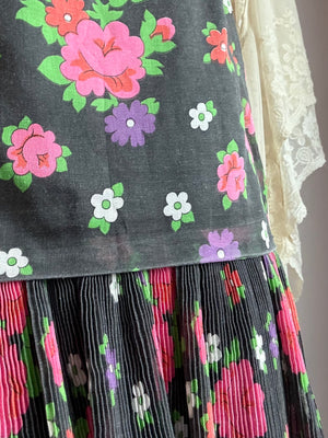 1970s Black Floral Cotton Gauze Long Sleeve Mini Dress