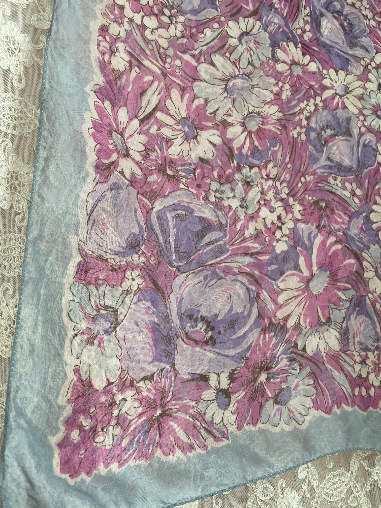 1940s Rayon Floral Scarf Pink Purple