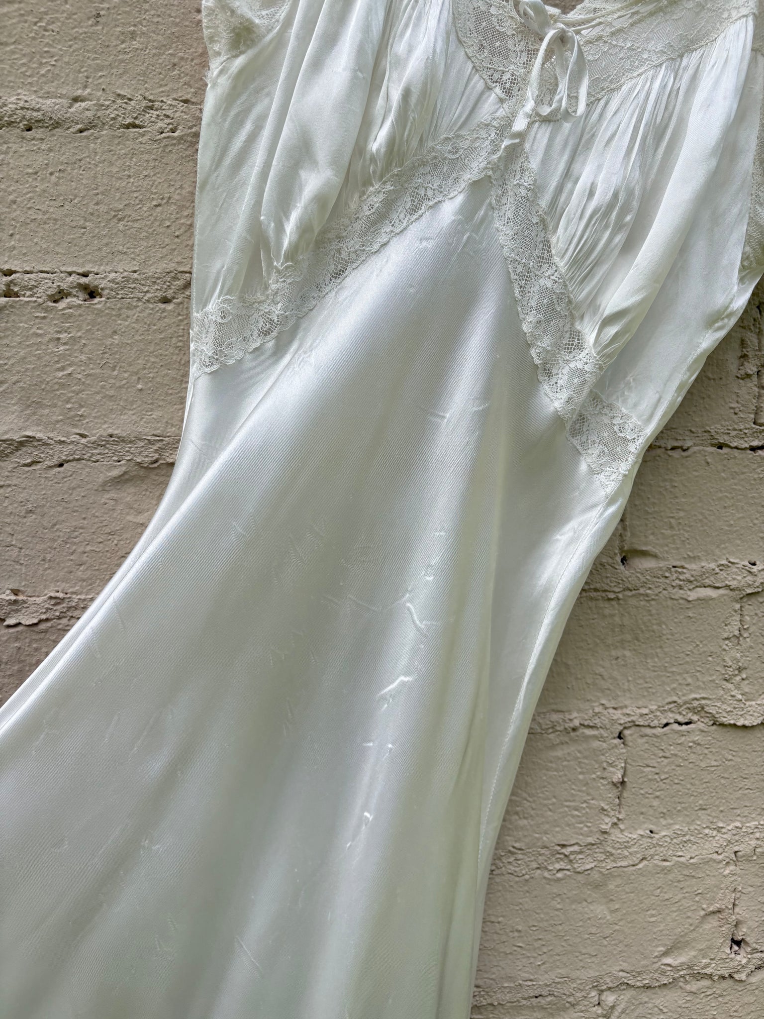 1940s Rayon Satin White Bias Cut Slip Dress Lace Wedding Gown