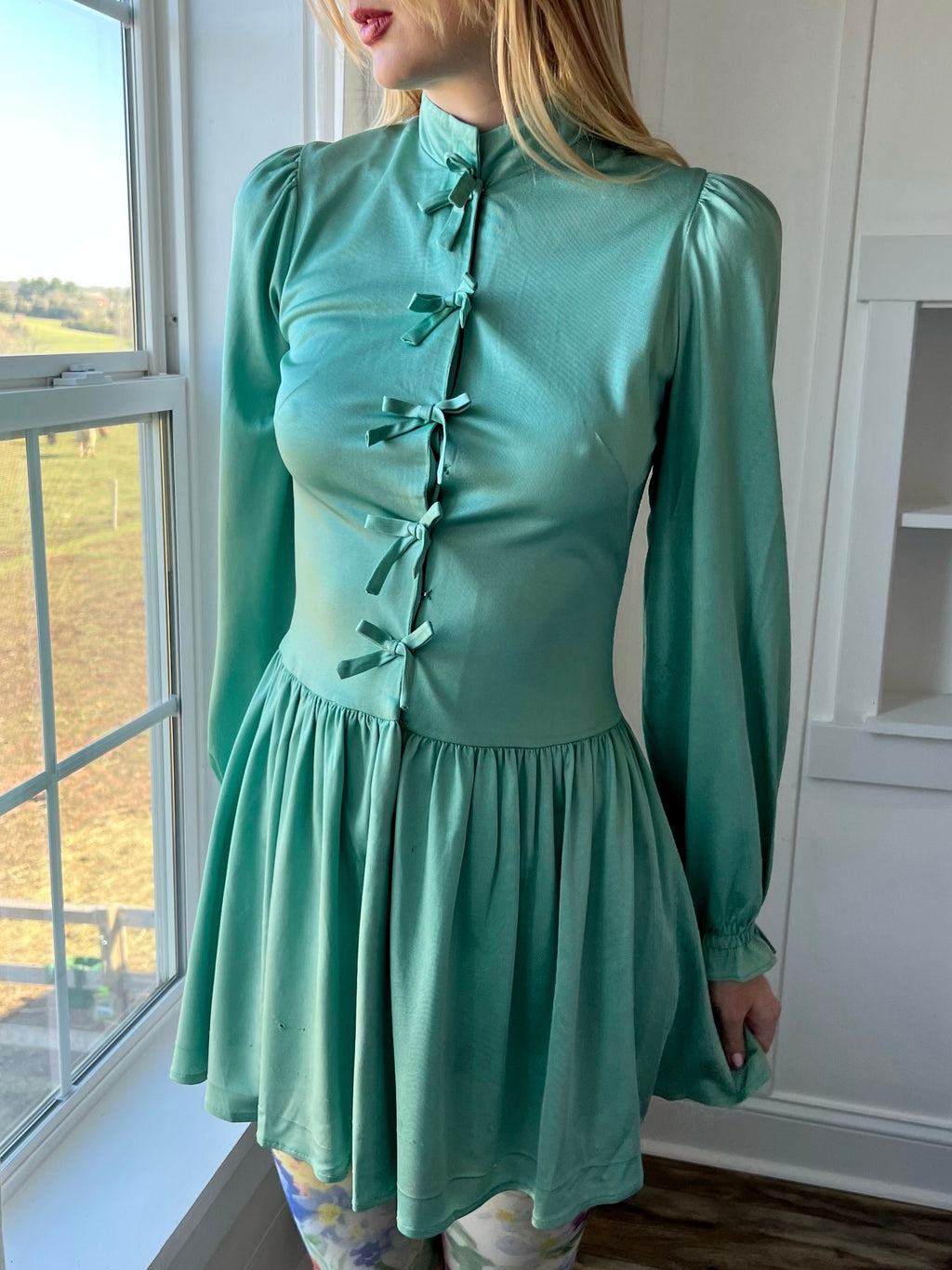1960s Mint Green Satin Micro Mini Dress with Ribbon Bow Closures