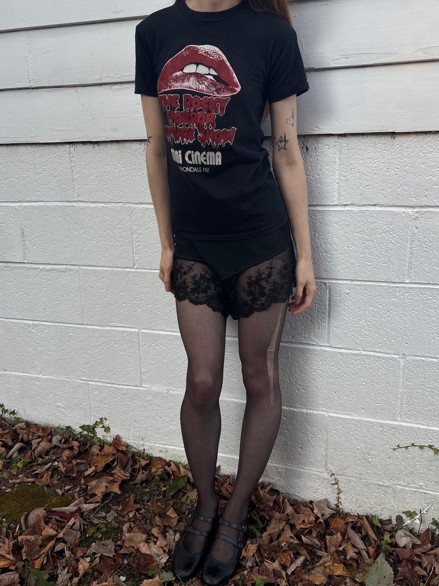 1980s Rocky Horror Red Lips Black Tee T Shirt Short Sleeve