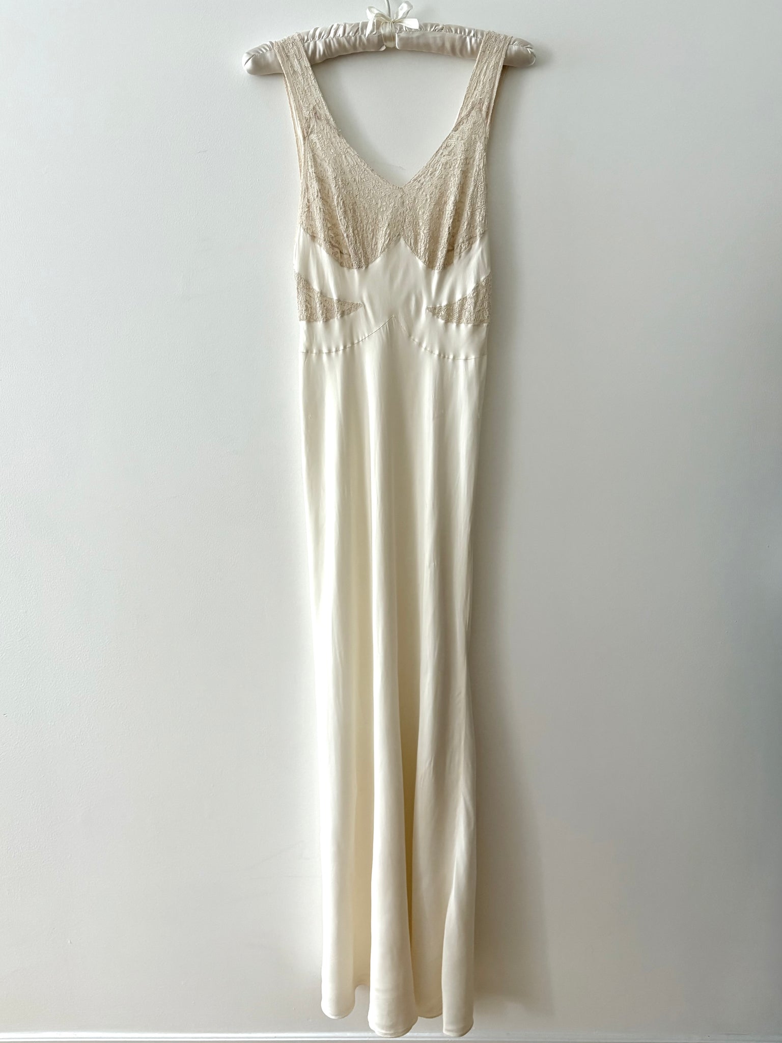 1940s Rayon White Lace Bodice Bias Cut Slip Dress Lace
