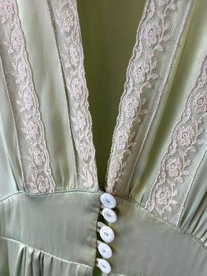 1940s Green Rayon Satin Lace Robe Peignoir