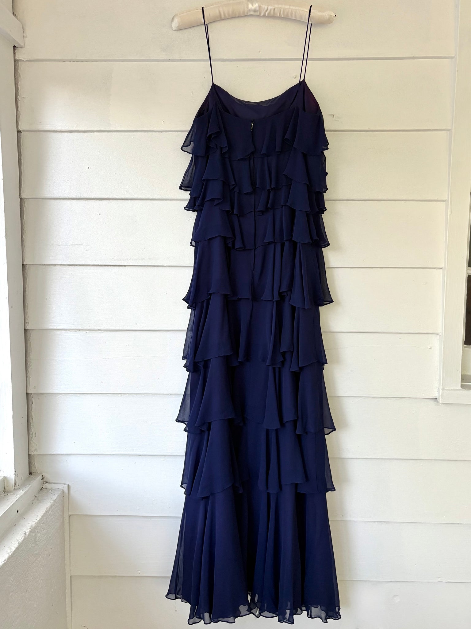 1980s Navy Blue Silk Chiffon Ruffle Cascade Dress Long Gown