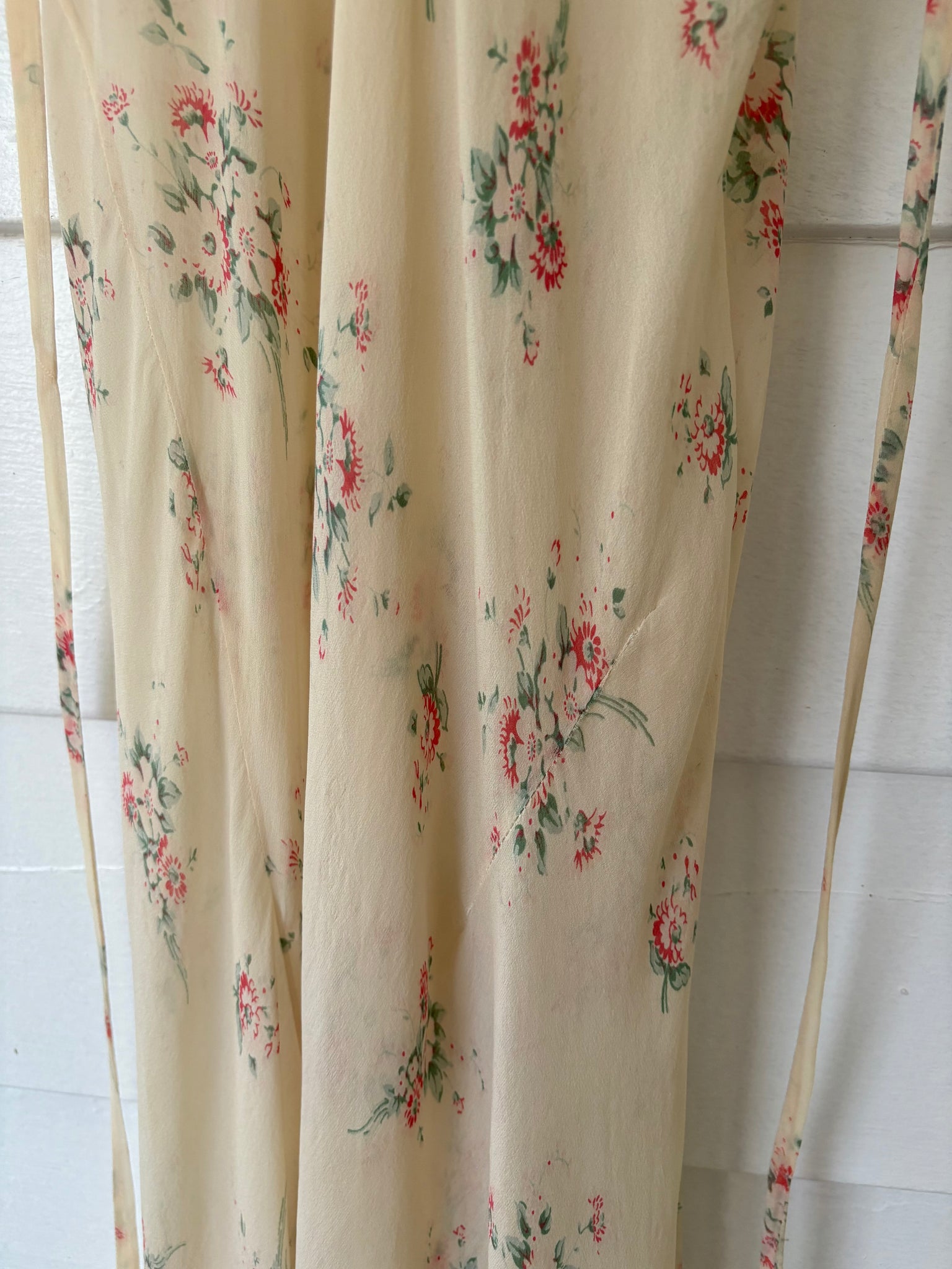 1930s Silk Chiffon Floral Print Cream Lace Bias Cut Slip Dress