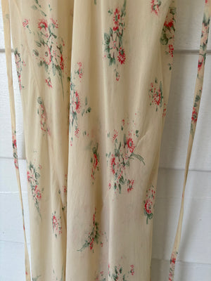 1930s Silk Chiffon Floral Print Cream Lace Bias Cut Slip Dress