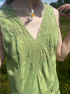 1930s Hand Dyed Green Floral Brocade Silk Slip Dress Embroidery I Magnin