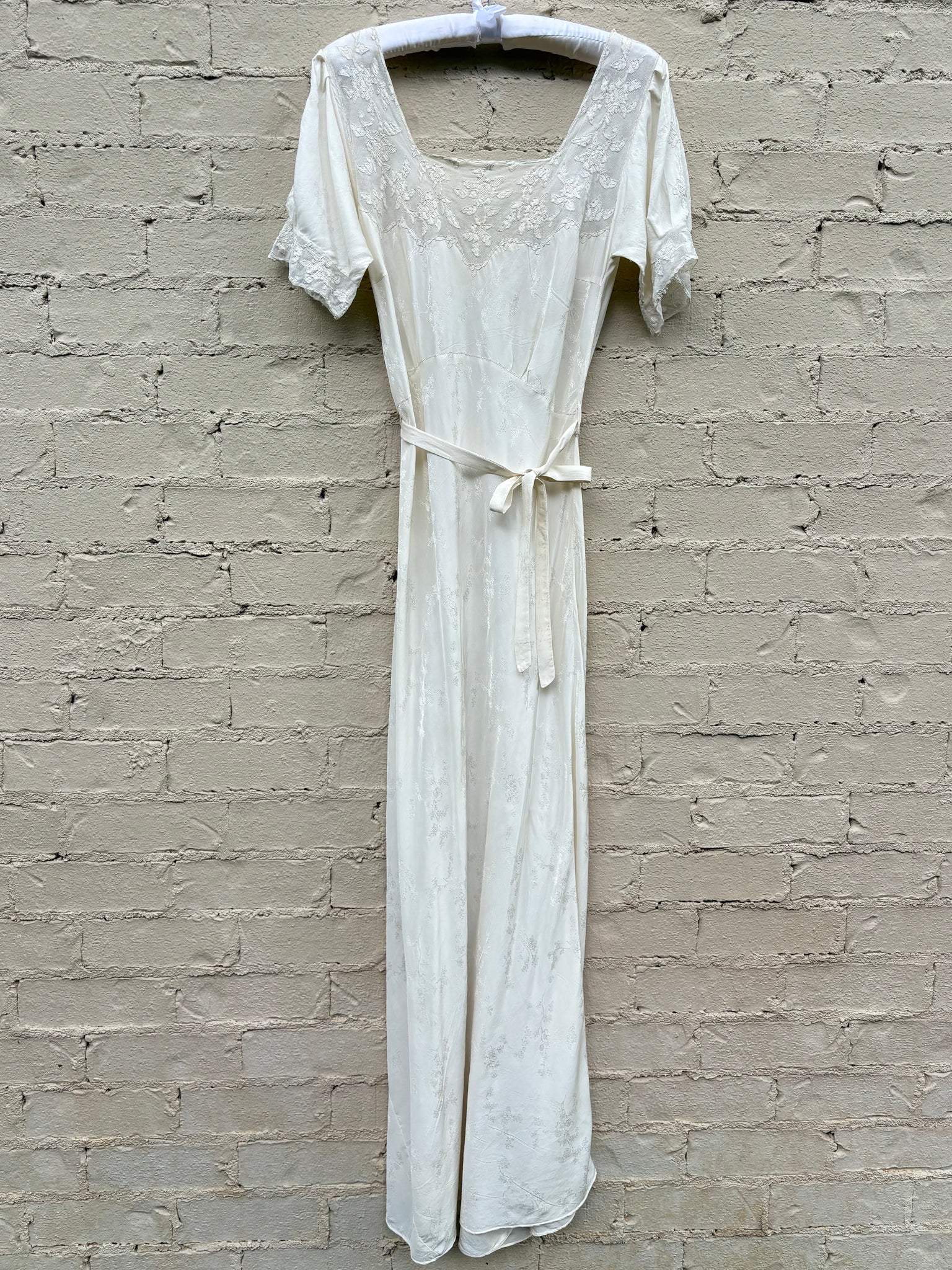 1940s Silk Brocade White Bias Cut Slip Dress Net Mesh Appliqué Lace Wedding Gown Open Sleeves