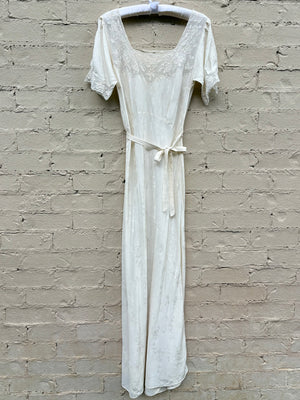 1940s Silk Brocade White Bias Cut Slip Dress Net Mesh Appliqué Lace Wedding Gown Open Sleeves