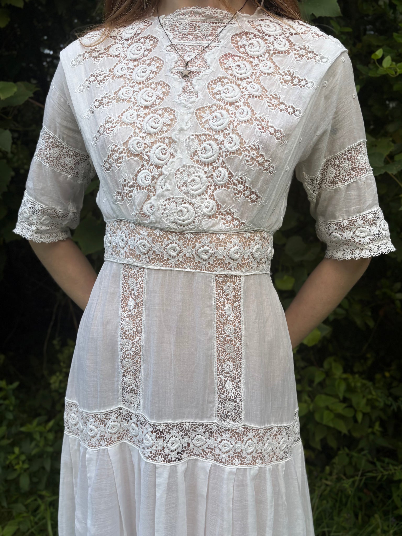 1900s Edwardian Rose Floral Embroidered White Cotton Dress Gown Wedding