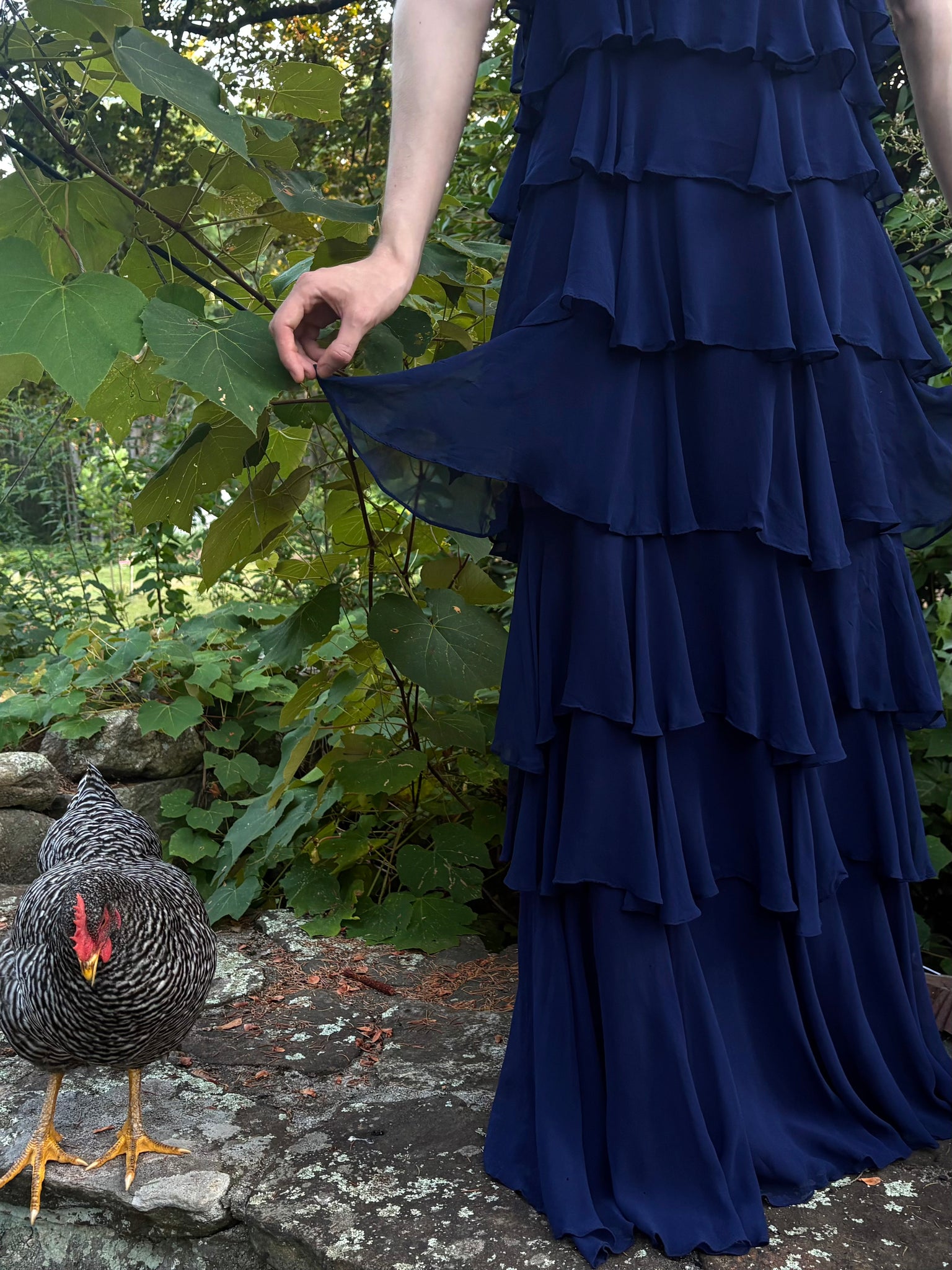 1980s Navy Blue Silk Chiffon Ruffle Cascade Dress Long Gown