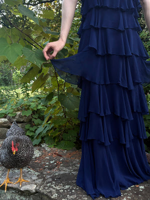 1980s Navy Blue Silk Chiffon Ruffle Cascade Dress Long Gown