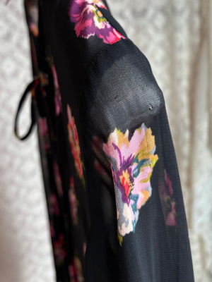1990s Betsey Johnson Floral Print Mini Dress Black Sheer Long Sleeve