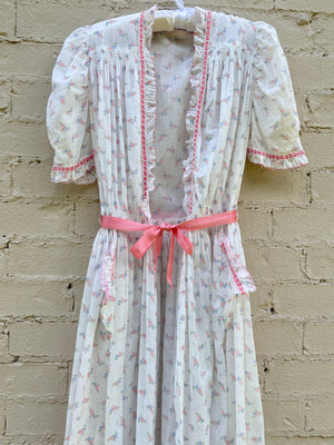 1930s White Cotton Floral Bias Cut Slip Dress Peignoir Set Puff Sleeves Pink Ribbon Rose Floral