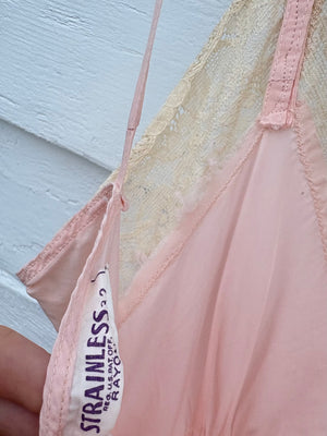 1940s Pale Pink Rose Appliqué Bias Cut Rayon Slip Midi Dress Cream Lace