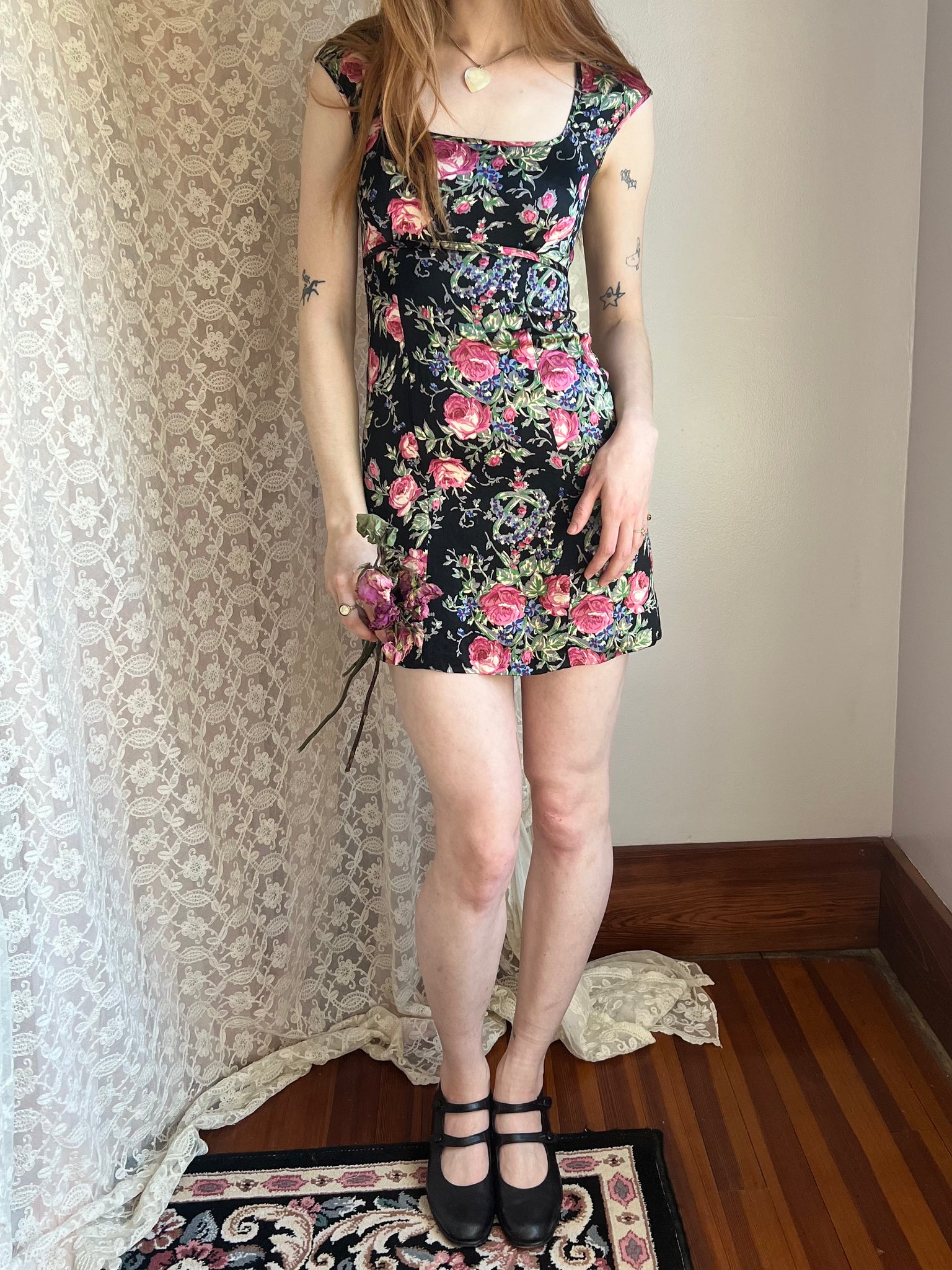 1990s Rose Print Black Pink Satin Betsey Johnson Mini Dress Breath Of the Earth 1990s Rose Print Black Pink Satin Betsey Johnson Mini Dress Breath Of the Earth