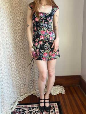 1990s Rose Print Black Pink Satin Betsey Johnson Mini Dress – Breath Of the Earth 1990s Rose Print Black Pink Satin Betsey Johnson Mini Dress – Breath Of the Earth
