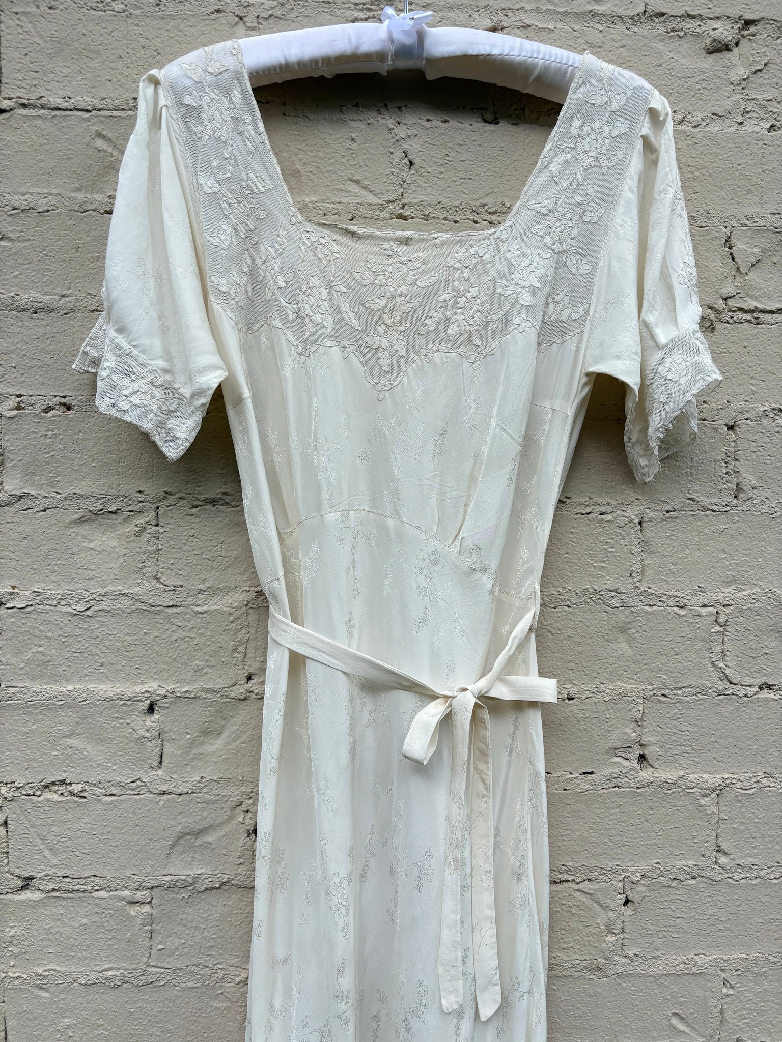 1940s Silk Brocade White Bias Cut Slip Dress Net Mesh Appliqué Lace Wedding Gown Open Sleeves