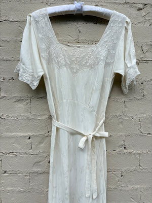 1940s Silk Brocade White Bias Cut Slip Dress Net Mesh Appliqué Lace Wedding Gown Open Sleeves