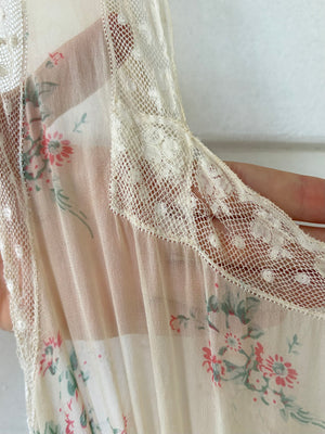 1930s Silk Chiffon Floral Print Cream Lace Bias Cut Slip Dress