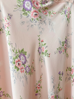 1940s Pink Rose Print Floral Bias Cut Slip Rayon Dress Short Sleeve Button