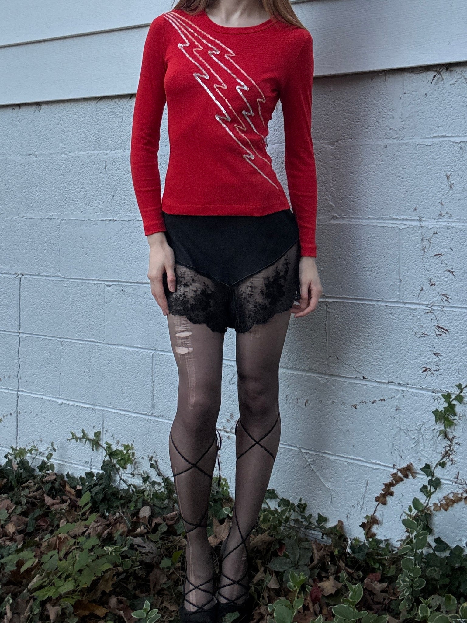 1970s Sequin Lightning Bolts Red Ribbed Tee T Shirt Long Sleeve Charlie’s Girls