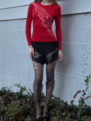 1970s Sequin Lightning Bolts Red Ribbed Tee T Shirt Long Sleeve Charlie’s Girls