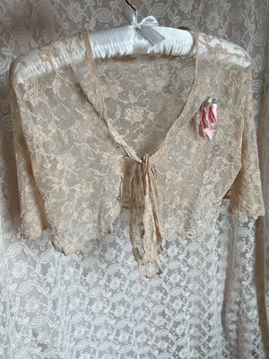 1930s Tambour Lace Bolero Ribbon Floral Flutter Sleeve Tie Front