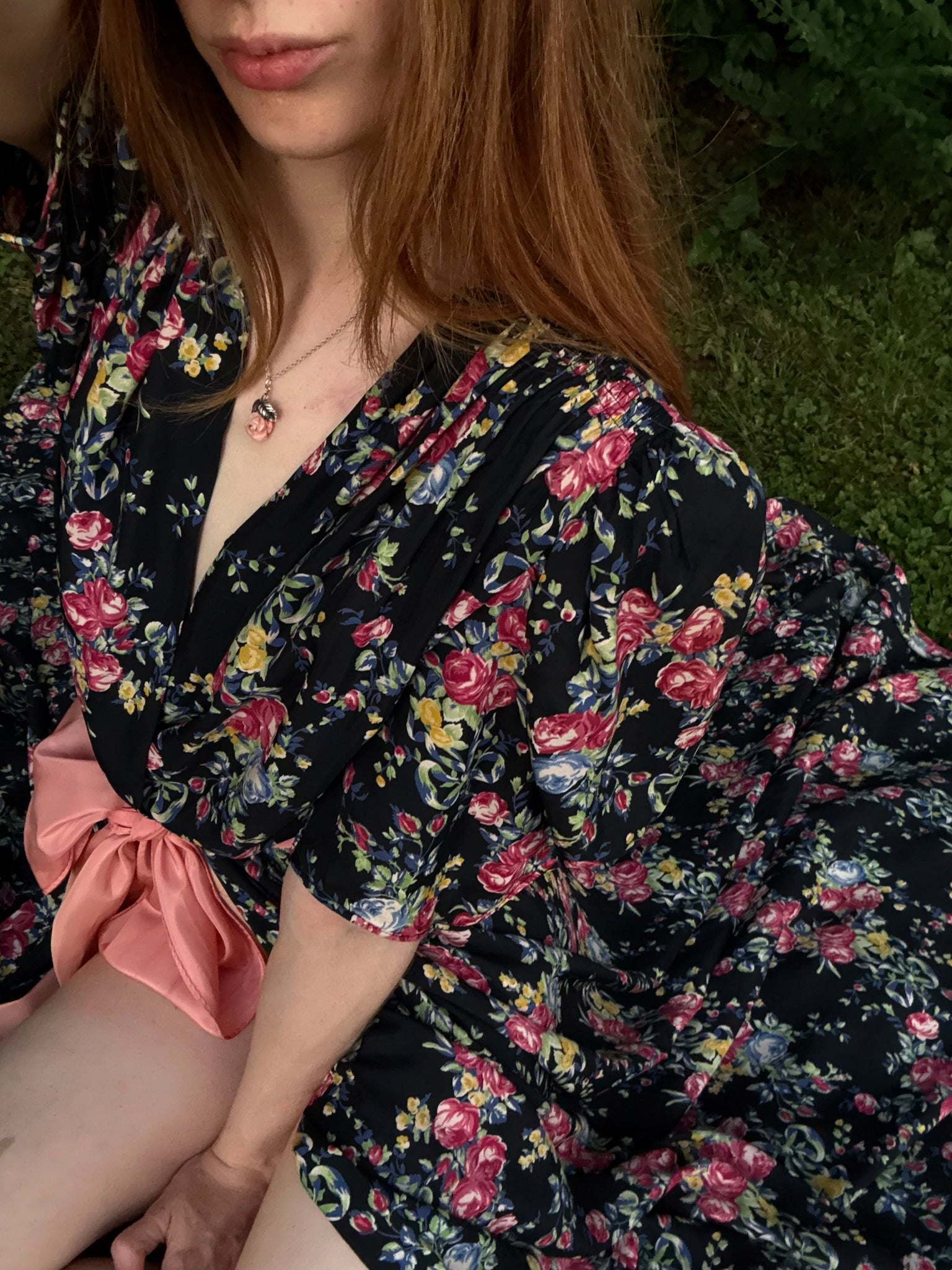 1940s Black Rose Floral Wrap Dress Printed Rayon Puff Sleeve