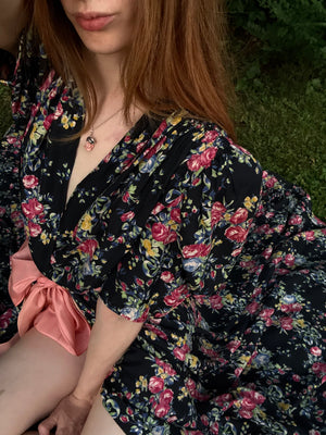 1940s Black Rose Floral Wrap Dress Printed Rayon Puff Sleeve