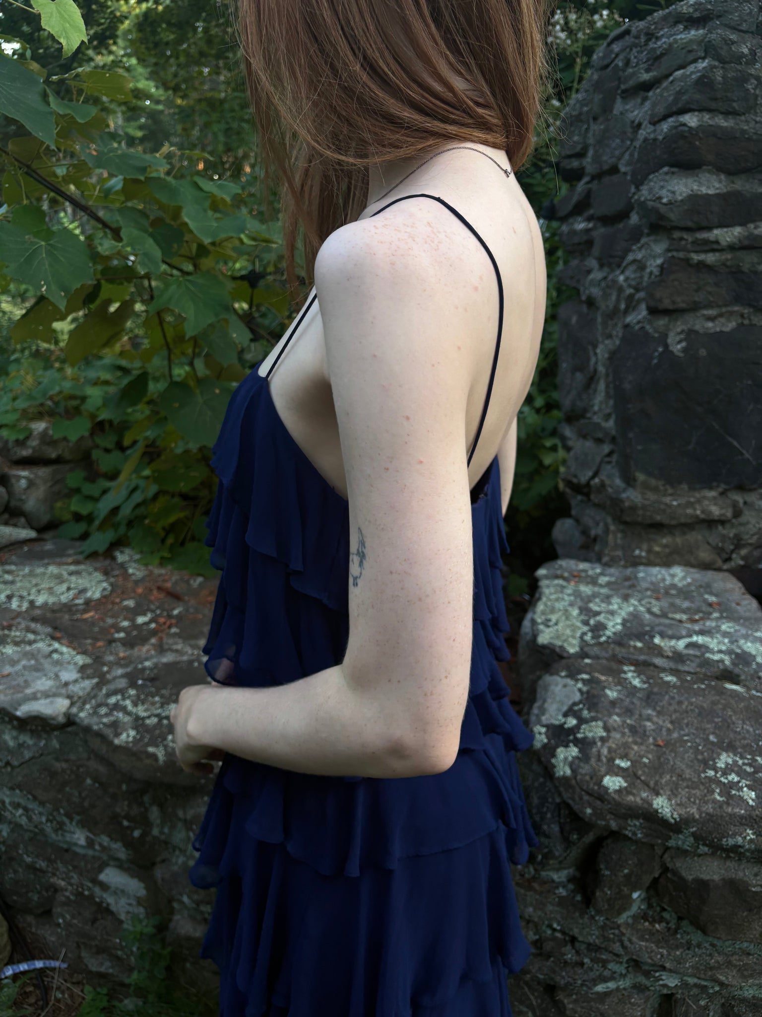 1980s Navy Blue Silk Chiffon Ruffle Cascade Dress Long Gown