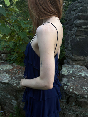 1980s Navy Blue Silk Chiffon Ruffle Cascade Dress Long Gown
