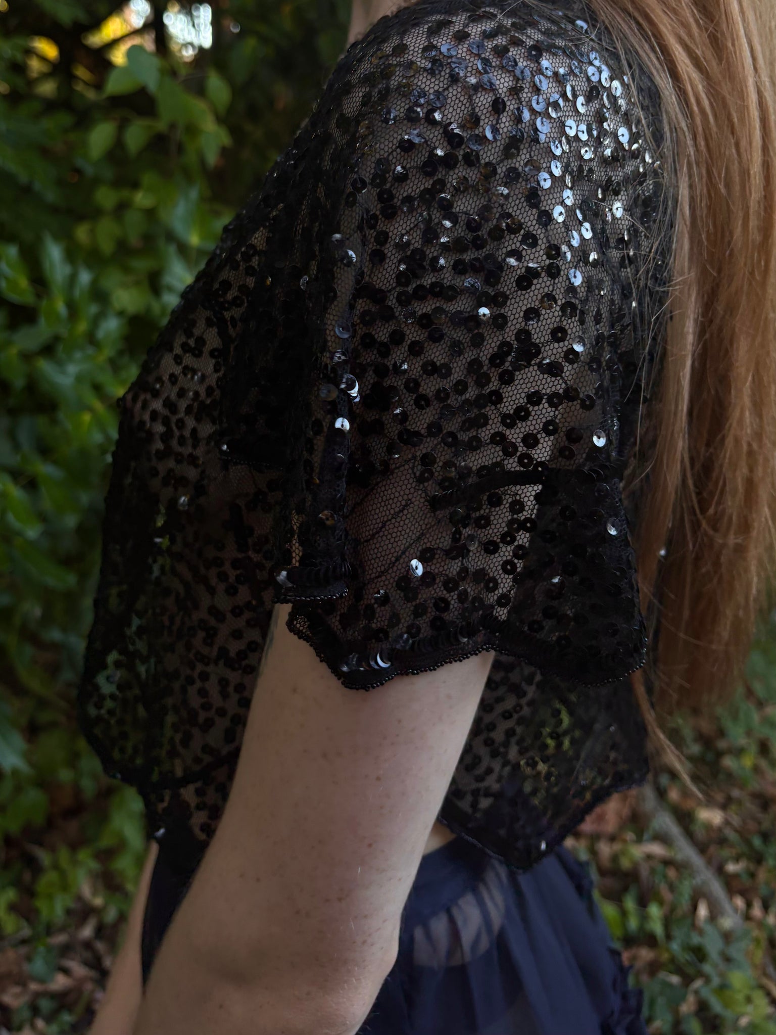 1930s Black Navy Sequin Sheer Mesh Blouse Bolero Short Sleeve