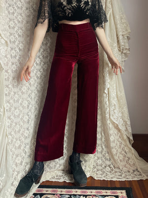 1970s Maroon Dark Red Velvet Pants Wide Leg