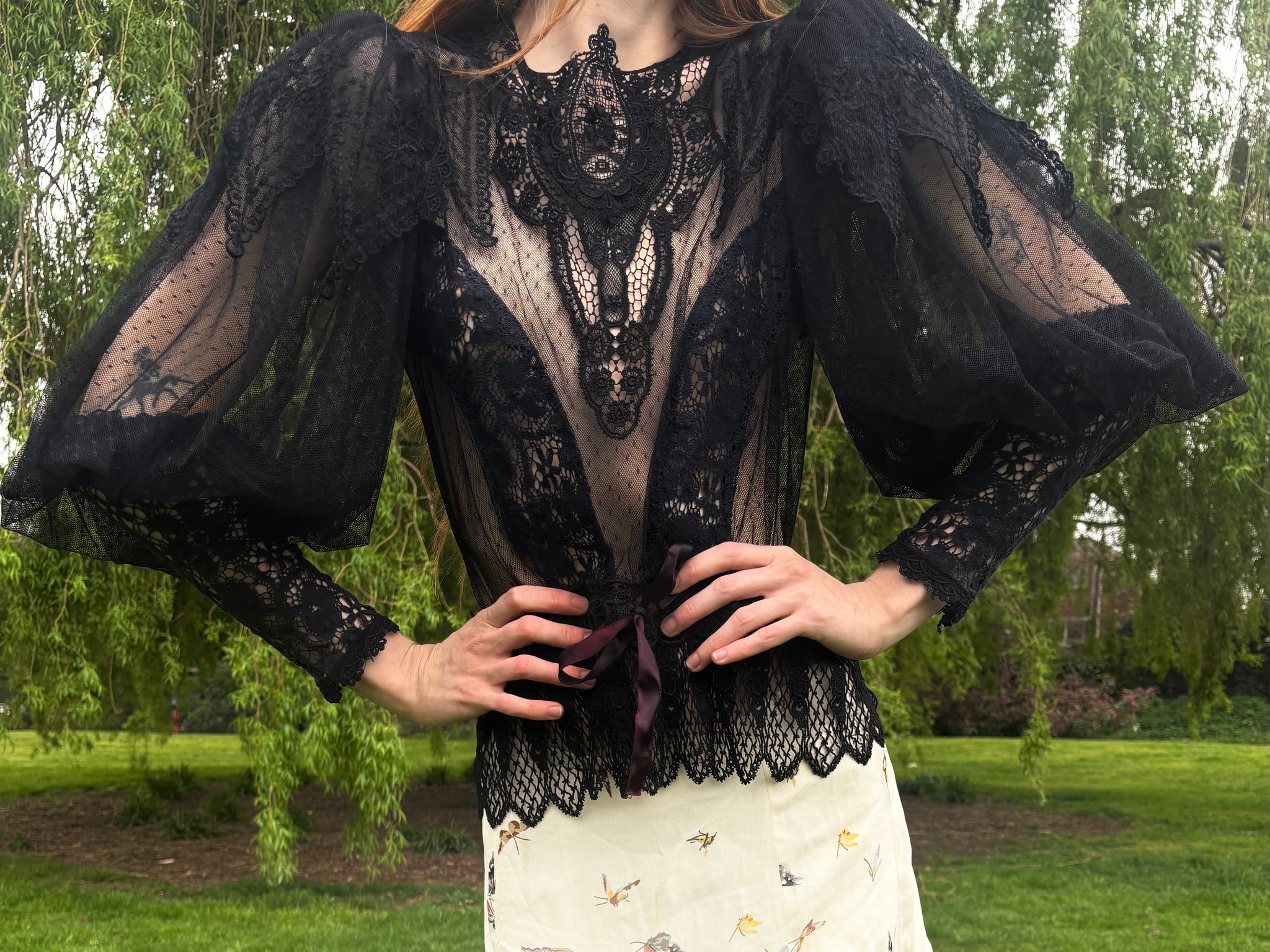 1970s Victorian Style Black Floral Mesh Net Lace Long Balloon Sleeve Blouse