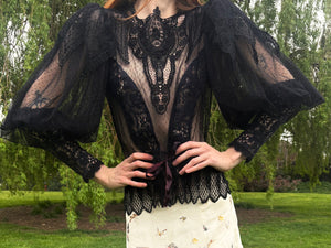 1970s Victorian Style Black Floral Mesh Net Lace Long Balloon Sleeve Blouse