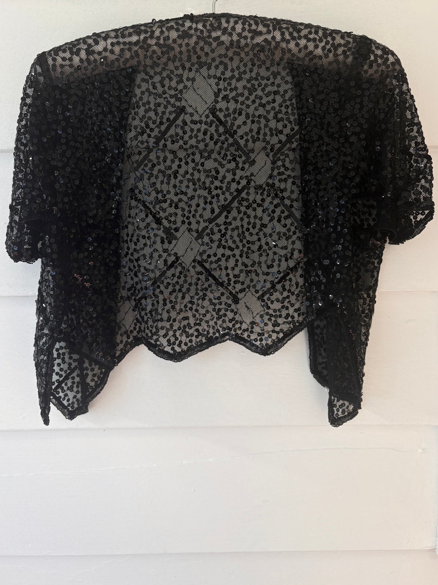 1930s Black Navy Sequin Sheer Mesh Blouse Bolero Short Sleeve